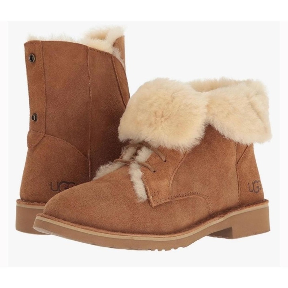UGG Quincy Lace Up Boots Womens 7 Chestnut Excellent Suede Sheepskin Lining
